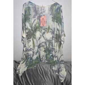 Oliver Tropical Print Poncho Style Women's Top Green Blue White Purple Sz. L NWT